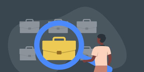 Graphic image of a person looking at closed briefcases with one yellow case circled in blue in front.